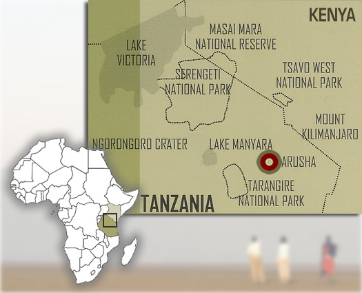Mapa que muestra la ubicación de Olasiti Lodge en Arusha en el norte de Tanzania